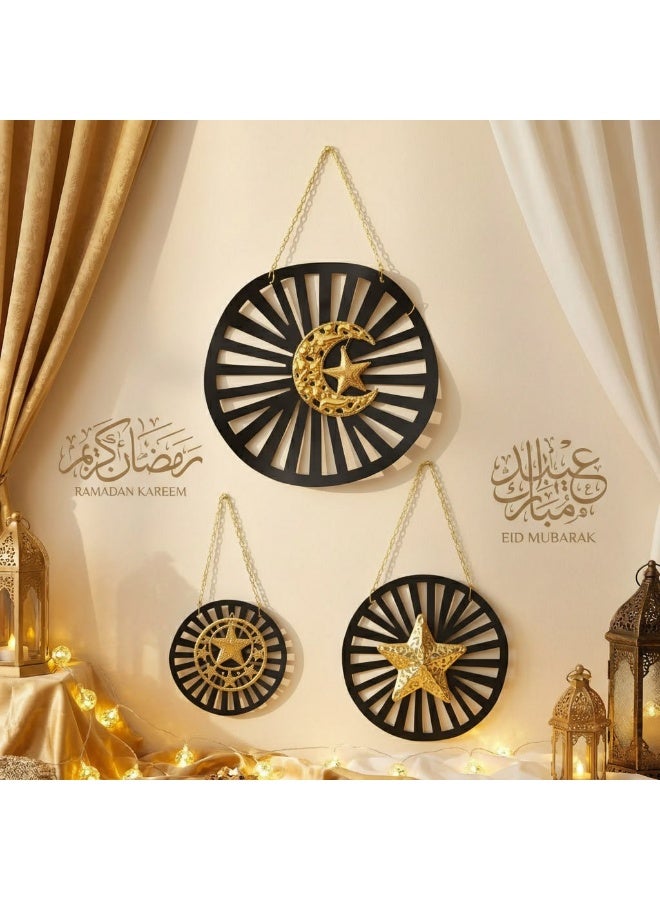 3-Piece Ramadan Metal Wall Decor Set - Black & Gold - Crescent & Stars Design with Hanging Chains - Image 2